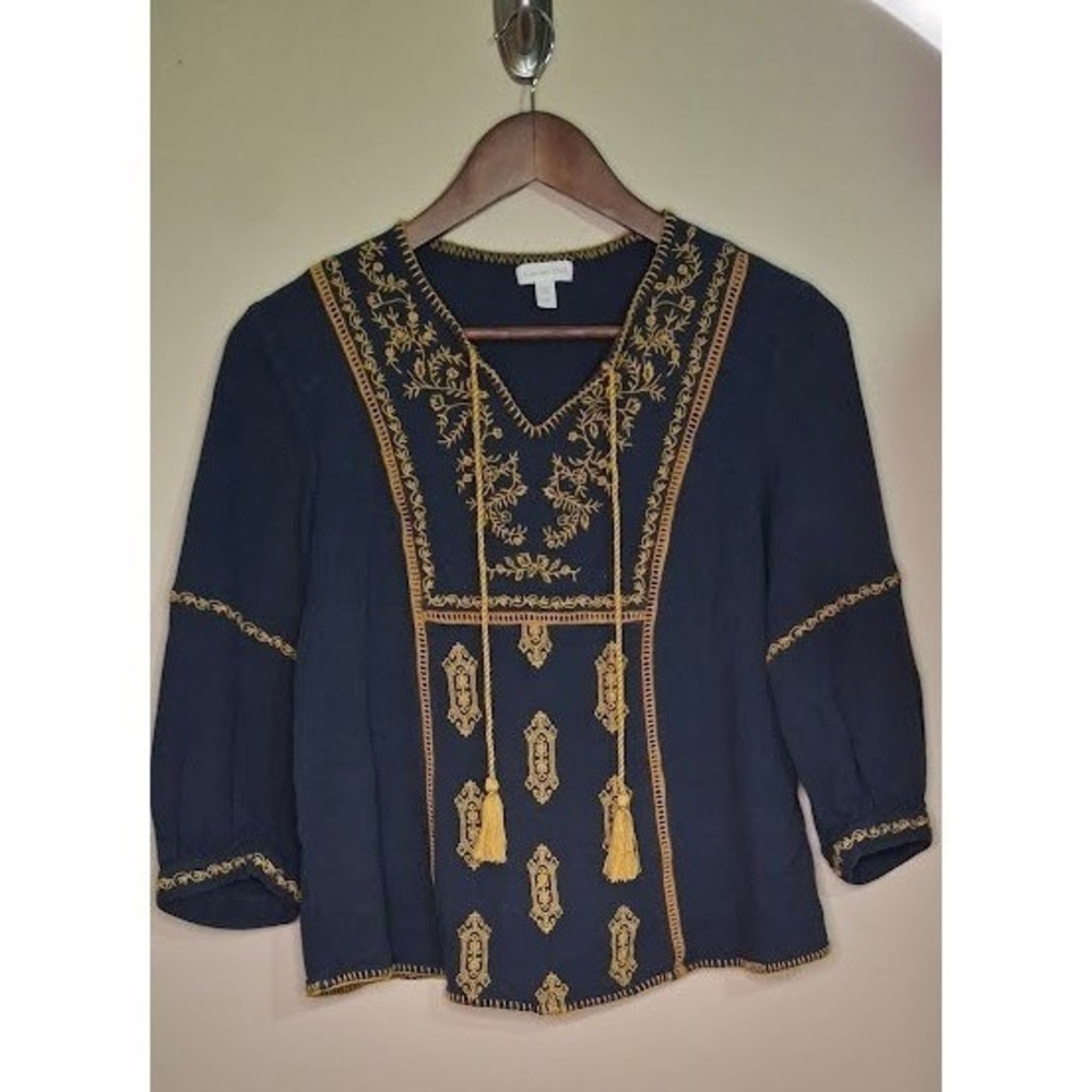 Garnet Hill Navy Blue Embroidered Cotton Peasant Blouse Tassel Boho Top Size 2